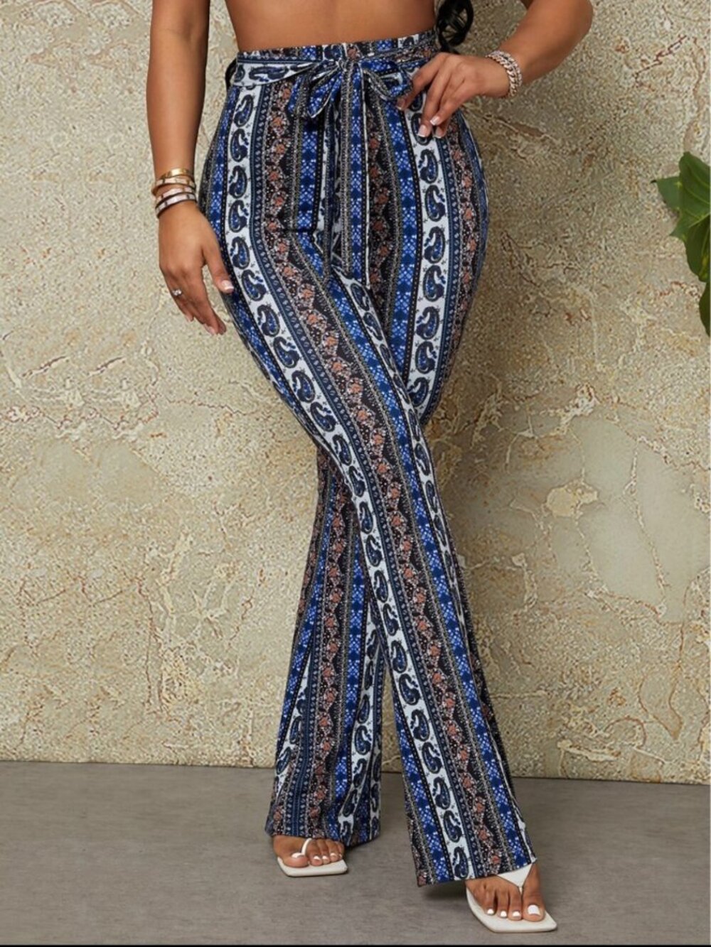 SHEIN SXY Boho Paisley Striped Flare Pants Tie Waist Stretch Bell Bottoms L